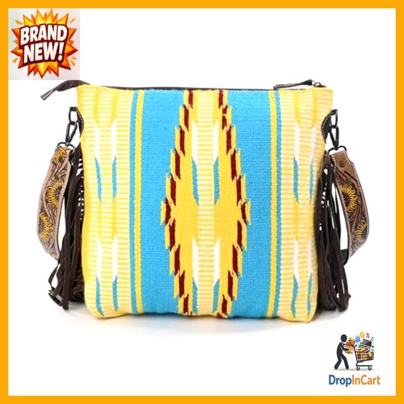 Handwoven Woolen Saddle Blanket Crossbody Bag Boho Western Tooled Leather - Picture 3 of 7